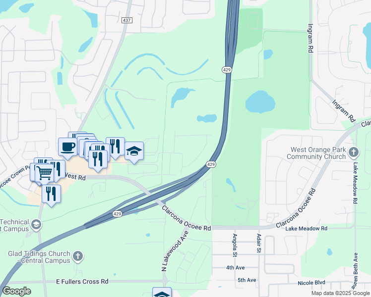 map of restaurants, bars, coffee shops, grocery stores, and more near 1123 Desert Candle Drive in Ocoee