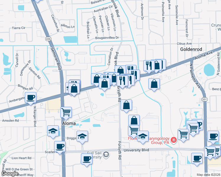 map of restaurants, bars, coffee shops, grocery stores, and more near 3592 Aloma Avenue in Winter Park