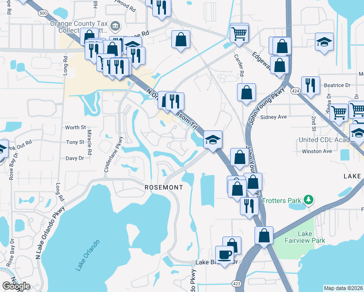 map of restaurants, bars, coffee shops, grocery stores, and more near 5218 North Orange Blossom Trail in Orlando