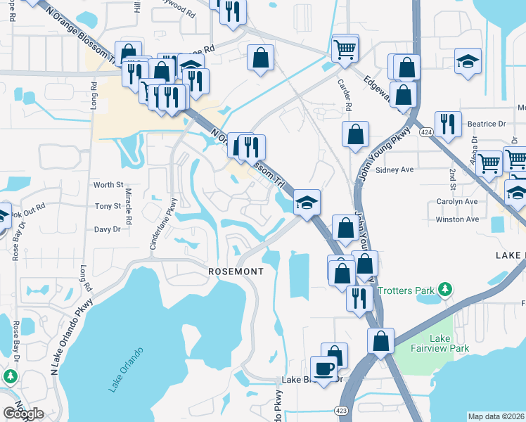 map of restaurants, bars, coffee shops, grocery stores, and more near 5218 North Orange Blossom Trail in Orlando