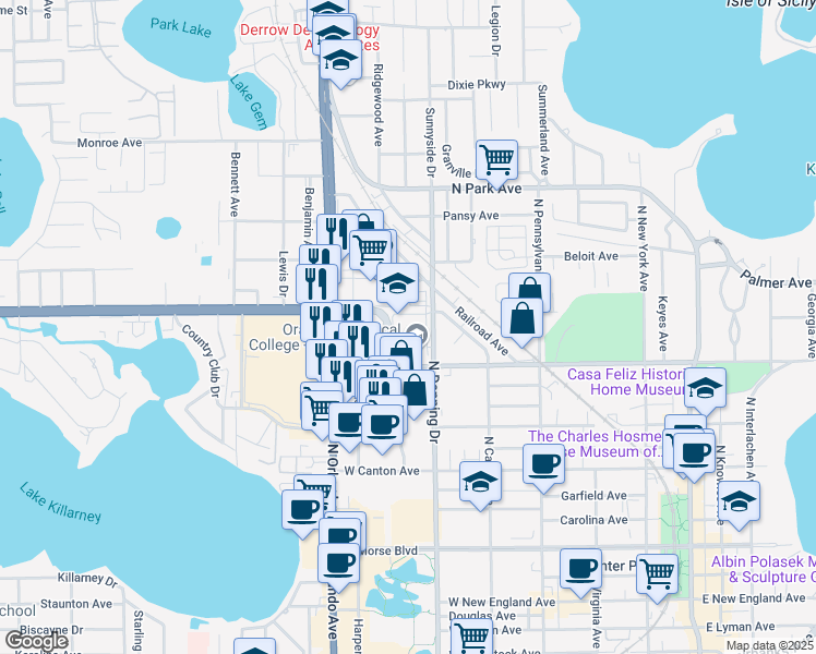map of restaurants, bars, coffee shops, grocery stores, and more near 901 West Webster Avenue in Winter Park