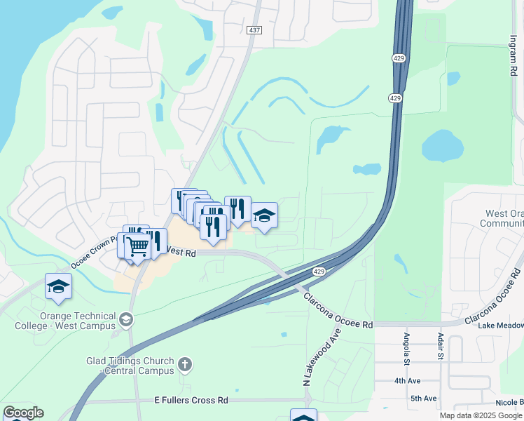 map of restaurants, bars, coffee shops, grocery stores, and more near 1132 Arbour Point Way in Ocoee
