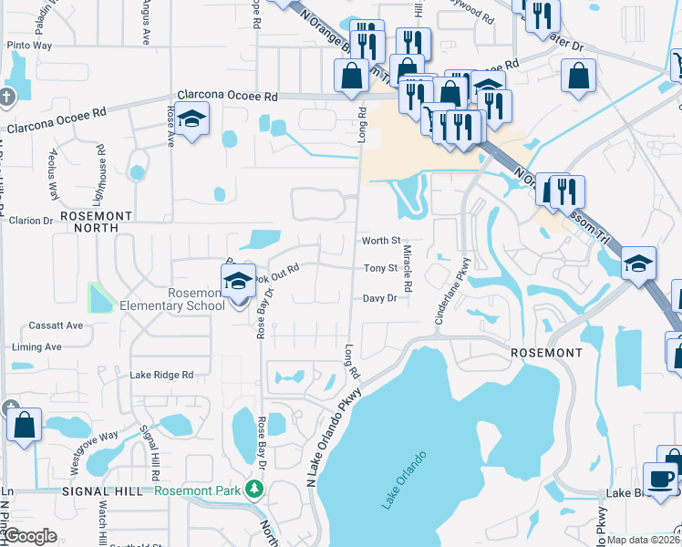 map of restaurants, bars, coffee shops, grocery stores, and more near 5125 Long Road in Orlando