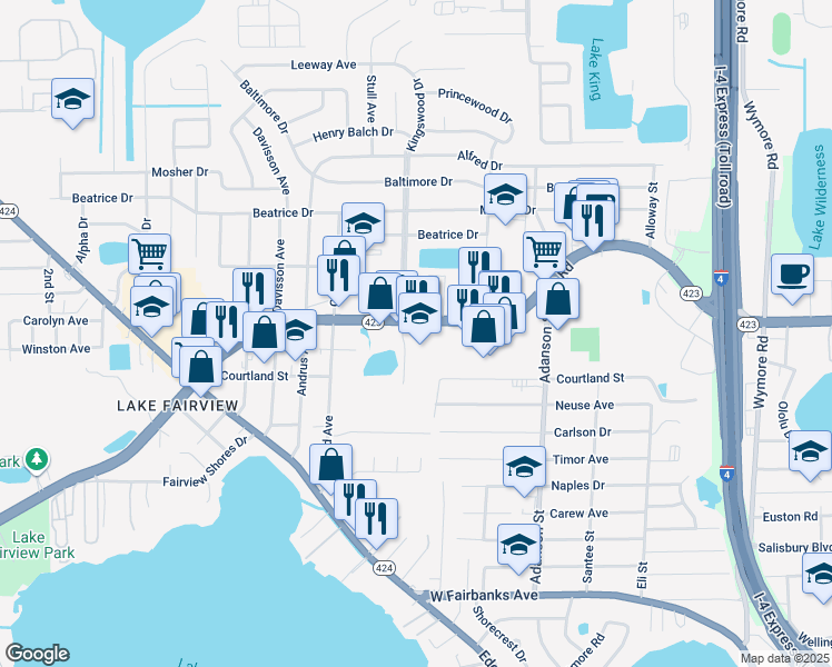 map of restaurants, bars, coffee shops, grocery stores, and more near 1100 Lee Road in Orlando