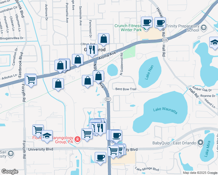 map of restaurants, bars, coffee shops, grocery stores, and more near 7540 Bent Bow Trail in Winter Park