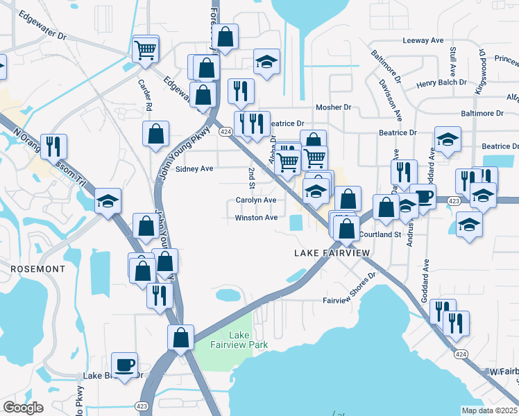map of restaurants, bars, coffee shops, grocery stores, and more near 2515 Winston Avenue in Orlando