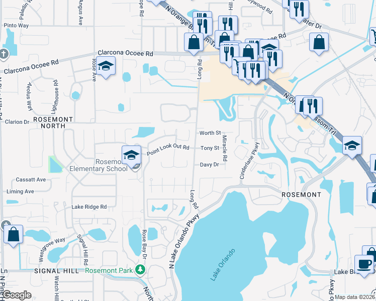 map of restaurants, bars, coffee shops, grocery stores, and more near 5125 Long Road in Orlando