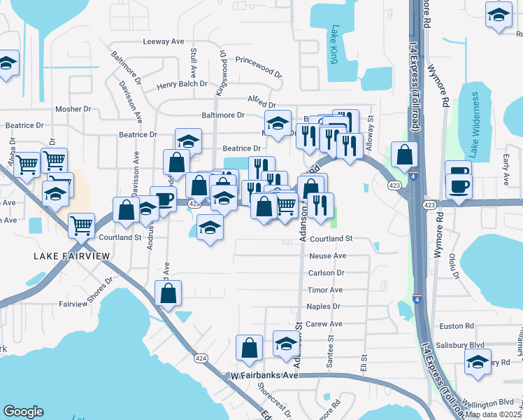 map of restaurants, bars, coffee shops, grocery stores, and more near 1010 Lee Road in Orlando