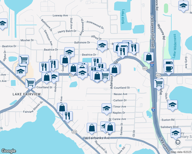 map of restaurants, bars, coffee shops, grocery stores, and more near 1010 Lee Road in Orlando