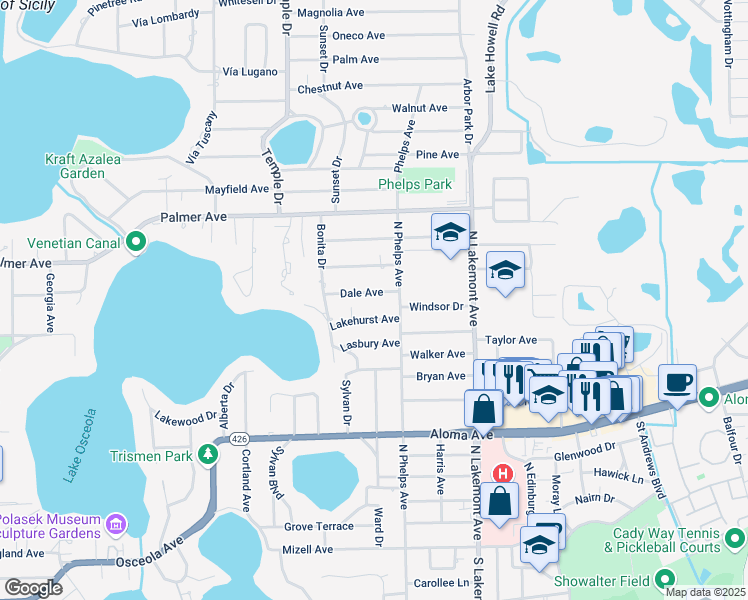 map of restaurants, bars, coffee shops, grocery stores, and more near 1583 Lakehurst Avenue in Winter Park