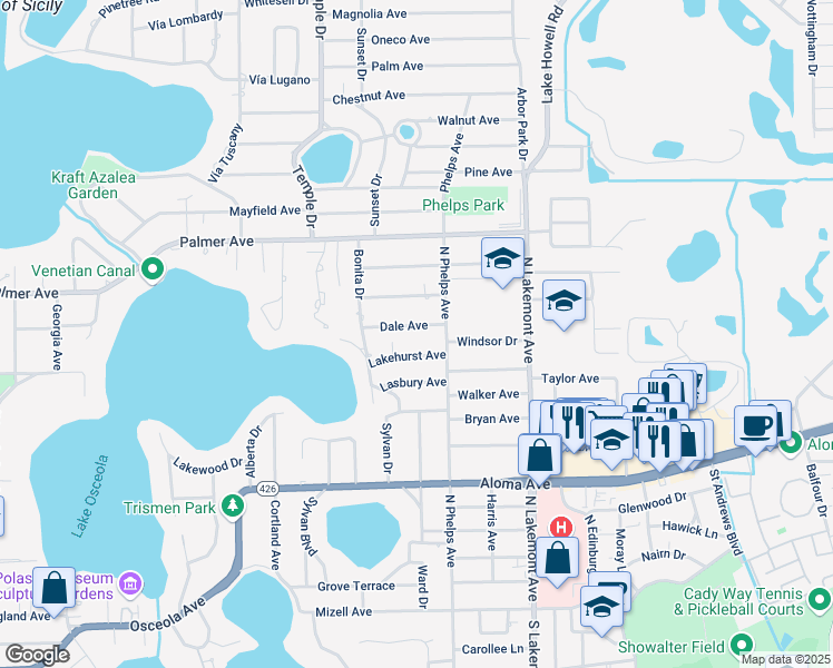 map of restaurants, bars, coffee shops, grocery stores, and more near 1583 Lakehurst Avenue in Winter Park