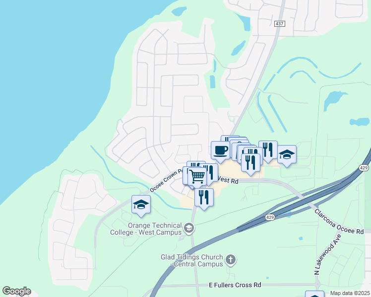 map of restaurants, bars, coffee shops, grocery stores, and more near 2475 Viterbo Way in Ocoee