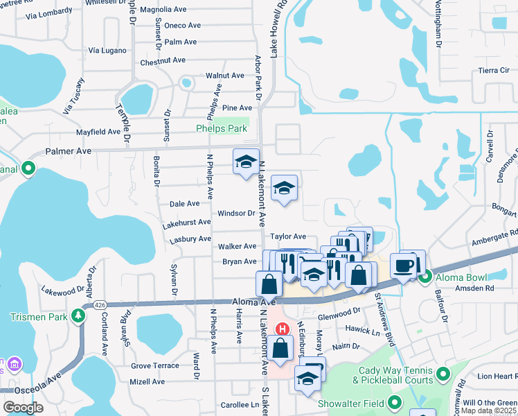 map of restaurants, bars, coffee shops, grocery stores, and more near 1860 Windsor Drive in Winter Park