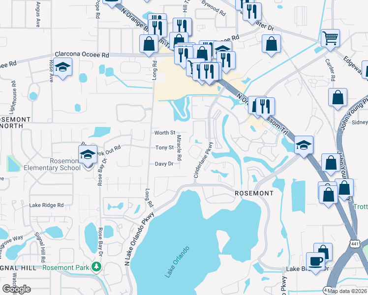 map of restaurants, bars, coffee shops, grocery stores, and more near 5133 Miracle Road in Orlando