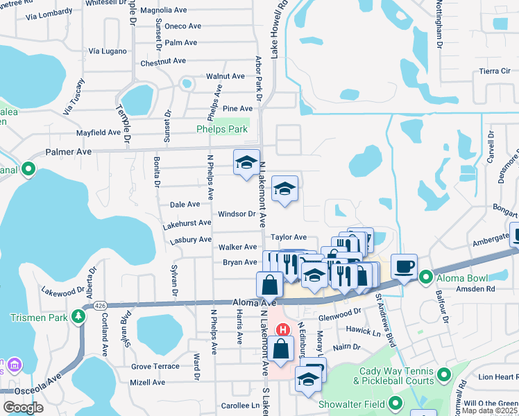 map of restaurants, bars, coffee shops, grocery stores, and more near 1860 Windsor Drive in Winter Park