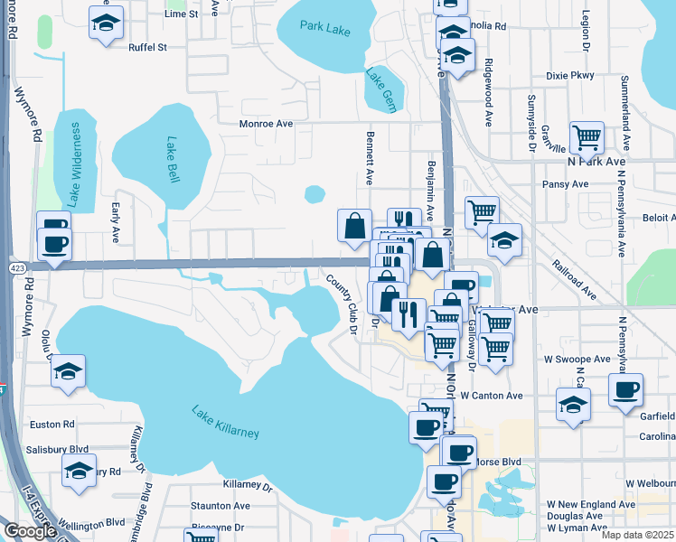 map of restaurants, bars, coffee shops, grocery stores, and more near 620 Country Club Drive in Winter Park