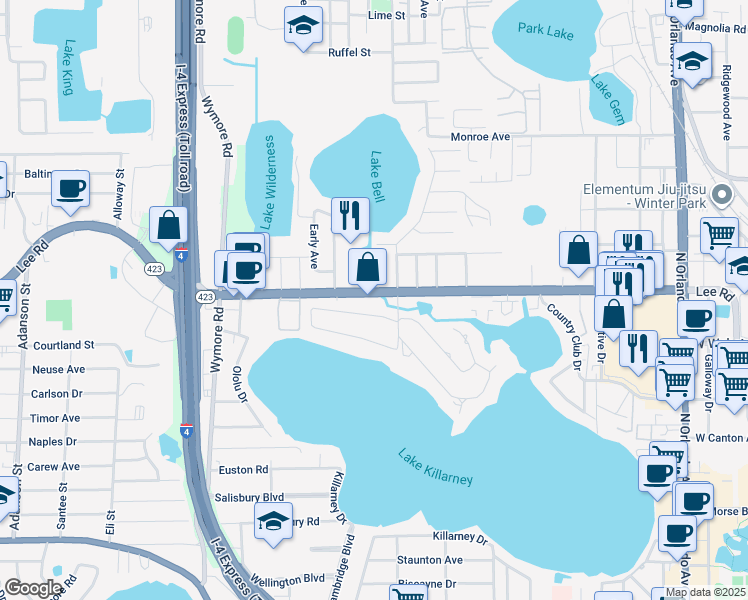 map of restaurants, bars, coffee shops, grocery stores, and more near 216 Blossom Lane in Winter Park