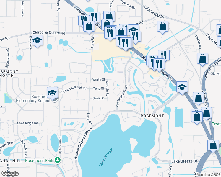 map of restaurants, bars, coffee shops, grocery stores, and more near 5133 Miracle Road in Orlando