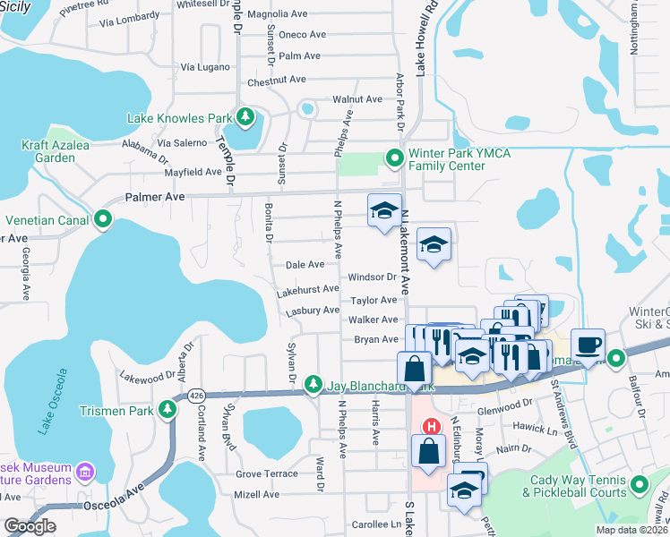 map of restaurants, bars, coffee shops, grocery stores, and more near 1683 Lakehurst Avenue in Winter Park
