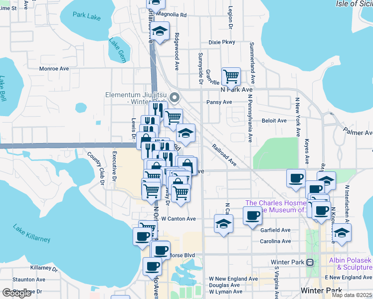 map of restaurants, bars, coffee shops, grocery stores, and more near 901 West Webster Avenue in Winter Park
