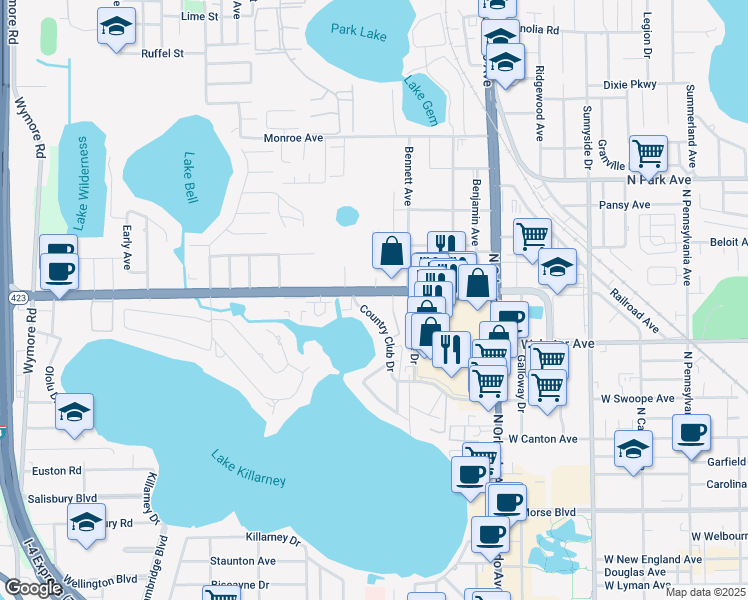 map of restaurants, bars, coffee shops, grocery stores, and more near 620 Country Club Drive in Winter Park