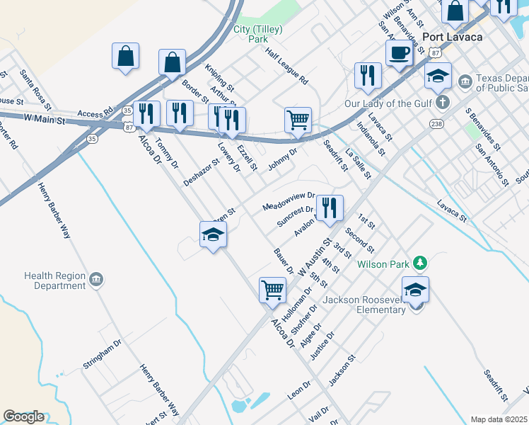 map of restaurants, bars, coffee shops, grocery stores, and more near 1625 Suncrest Drive in Port Lavaca