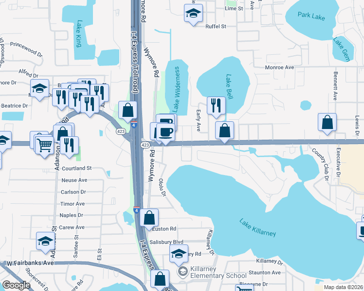 map of restaurants, bars, coffee shops, grocery stores, and more near 2540 Lee Road in Winter Park