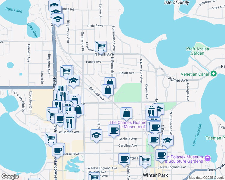 map of restaurants, bars, coffee shops, grocery stores, and more near 945 North Pennsylvania Avenue in Winter Park