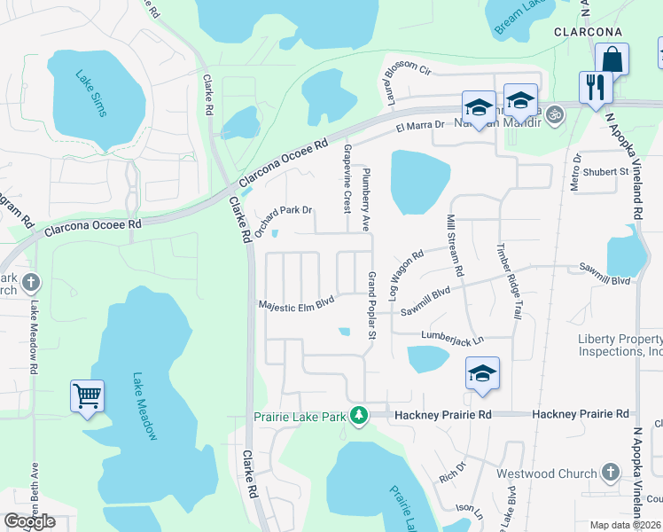 map of restaurants, bars, coffee shops, grocery stores, and more near 2450 Twisting Sweetgum Way in Ocoee