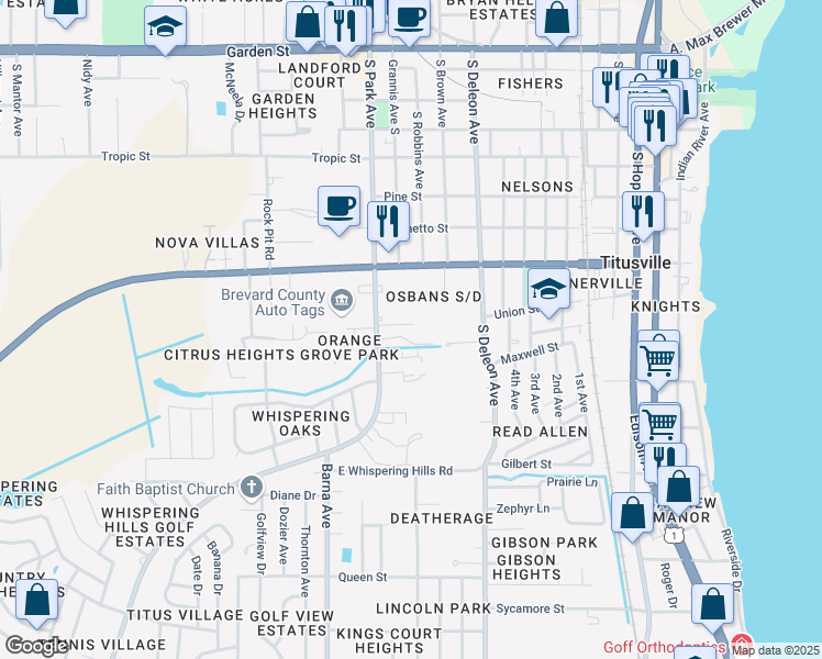 map of restaurants, bars, coffee shops, grocery stores, and more near 1219 Ronald Street in Titusville