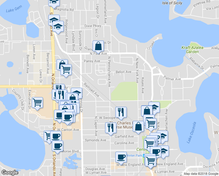 map of restaurants, bars, coffee shops, grocery stores, and more near 945 North Pennsylvania Avenue in Winter Park