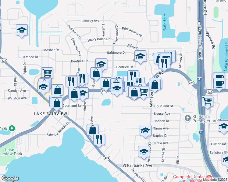 map of restaurants, bars, coffee shops, grocery stores, and more near 1166 Lee Road in Orlando
