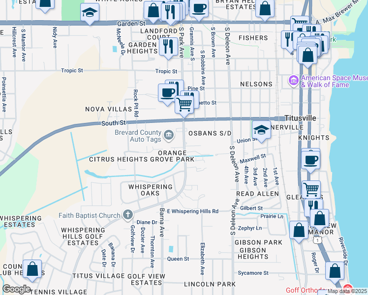 map of restaurants, bars, coffee shops, grocery stores, and more near S Park Ave & Valencia Rd in Titusville