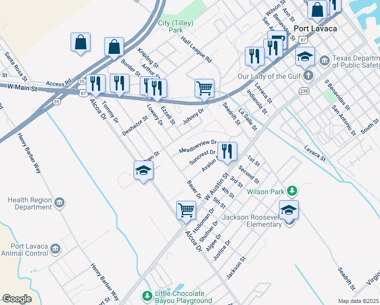 map of restaurants, bars, coffee shops, grocery stores, and more near 1505 Meadowview Drive in Port Lavaca