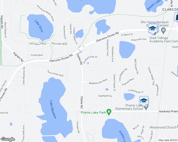 map of restaurants, bars, coffee shops, grocery stores, and more near 2512 Sweet Oak Street in Ocoee