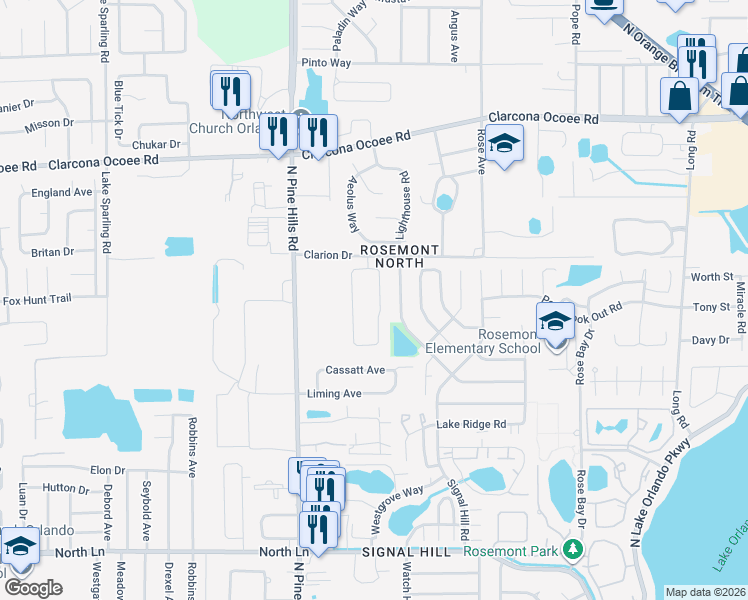 map of restaurants, bars, coffee shops, grocery stores, and more near 5262 Clarion Oaks Drive in Orlando