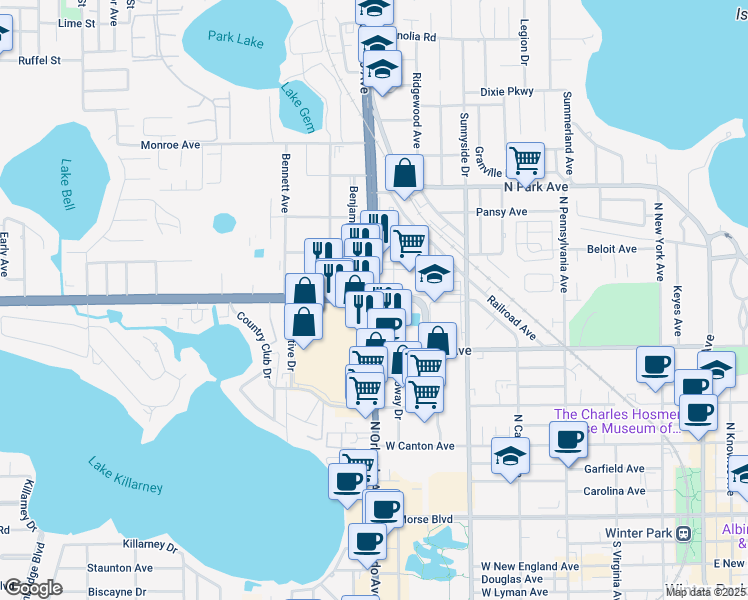 map of restaurants, bars, coffee shops, grocery stores, and more near N Orlando Ave & Lee Rd in Winter Park