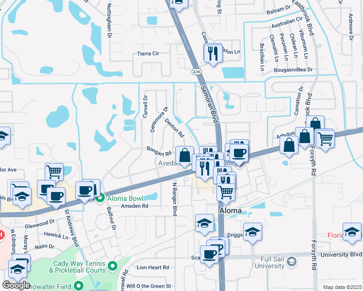 map of restaurants, bars, coffee shops, grocery stores, and more near 714 Denton Road in Winter Park