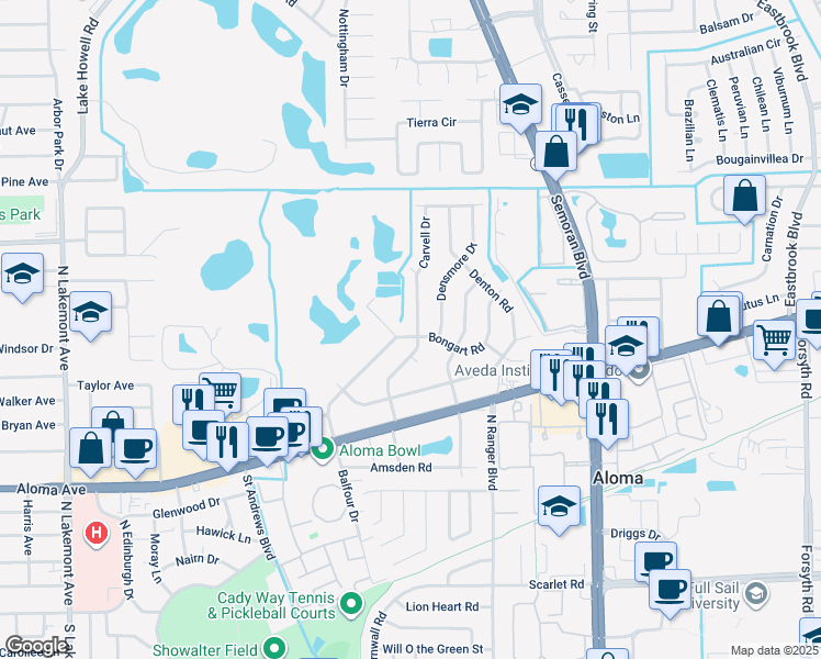 map of restaurants, bars, coffee shops, grocery stores, and more near 705 Carvell Drive in Winter Park