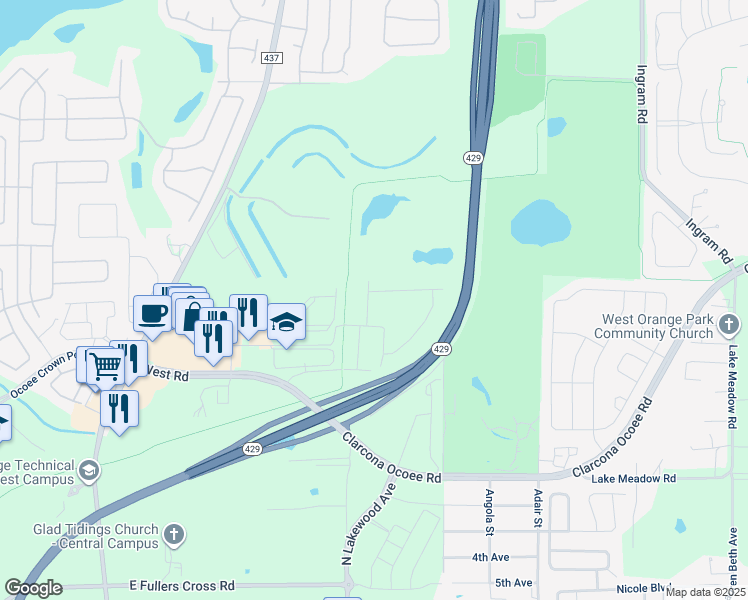 map of restaurants, bars, coffee shops, grocery stores, and more near 2554 Red Spruce Way in Ocoee