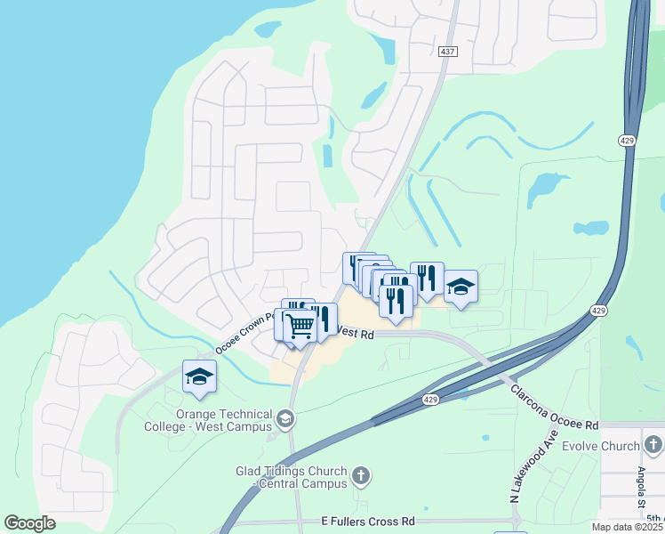 map of restaurants, bars, coffee shops, grocery stores, and more near 415 Merlot Drive in Ocoee