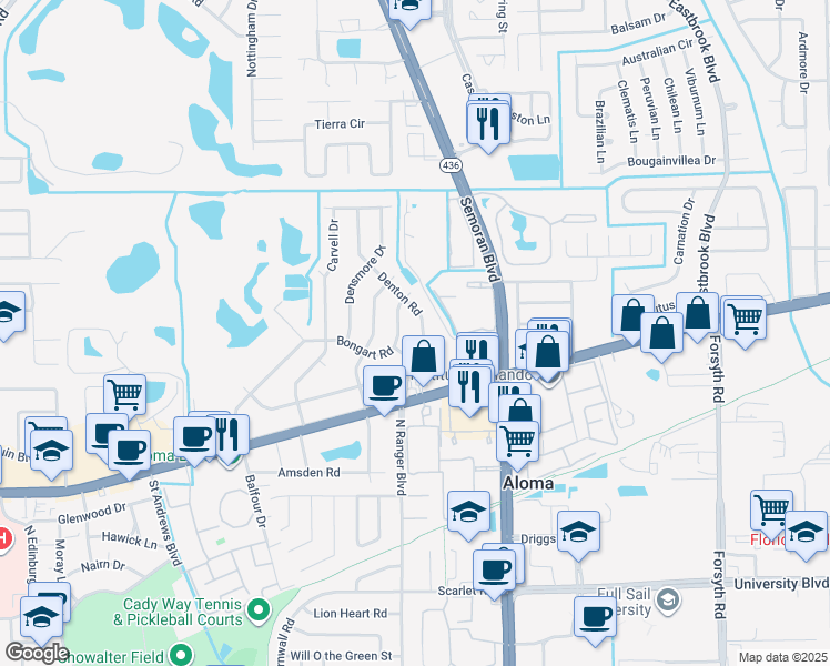map of restaurants, bars, coffee shops, grocery stores, and more near 714 Denton Road in Winter Park