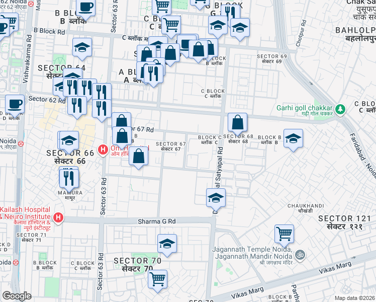 map of restaurants, bars, coffee shops, grocery stores, and more near Unnamed Road in Noida