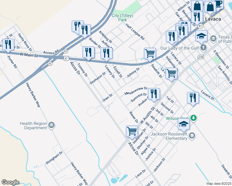 map of restaurants, bars, coffee shops, grocery stores, and more near 104 Bauer Drive in Port Lavaca