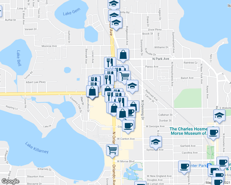 map of restaurants, bars, coffee shops, grocery stores, and more near 1000 Orlando Avenue in Winter Park