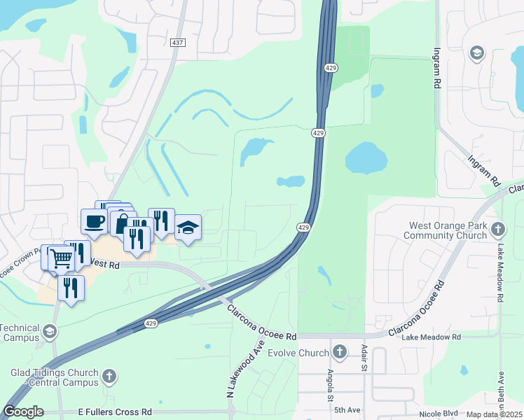 map of restaurants, bars, coffee shops, grocery stores, and more near Robin Holly Street in Ocoee