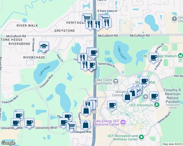 map of restaurants, bars, coffee shops, grocery stores, and more near 4498 North Alafaya Trail in Orlando