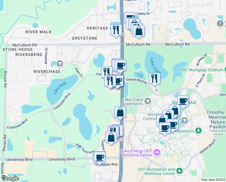 map of restaurants, bars, coffee shops, grocery stores, and more near 4498 North Alafaya Trail in Orlando