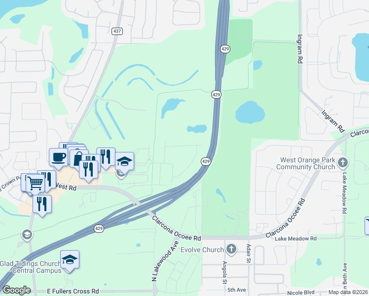 map of restaurants, bars, coffee shops, grocery stores, and more near Robin Holly Street in Ocoee