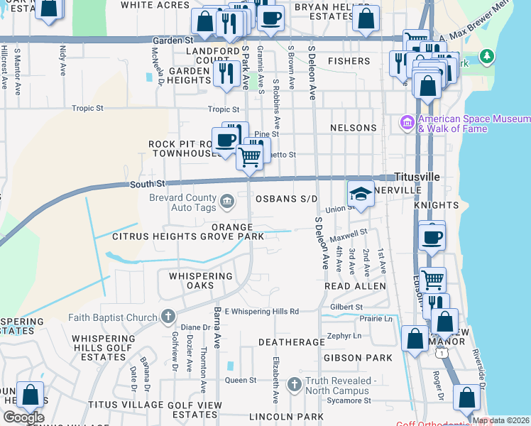 map of restaurants, bars, coffee shops, grocery stores, and more near 1200 Ronald Street in Titusville